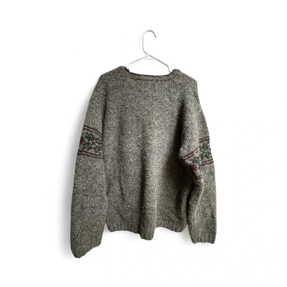 J.Crew Handknit 100% Wool V-Neck Sweater L Gray Fair Isle Sleeve Trim